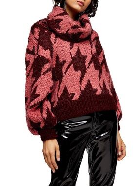 Topshop Rose and Burgundy Houndstooth Turtleneck Sweater